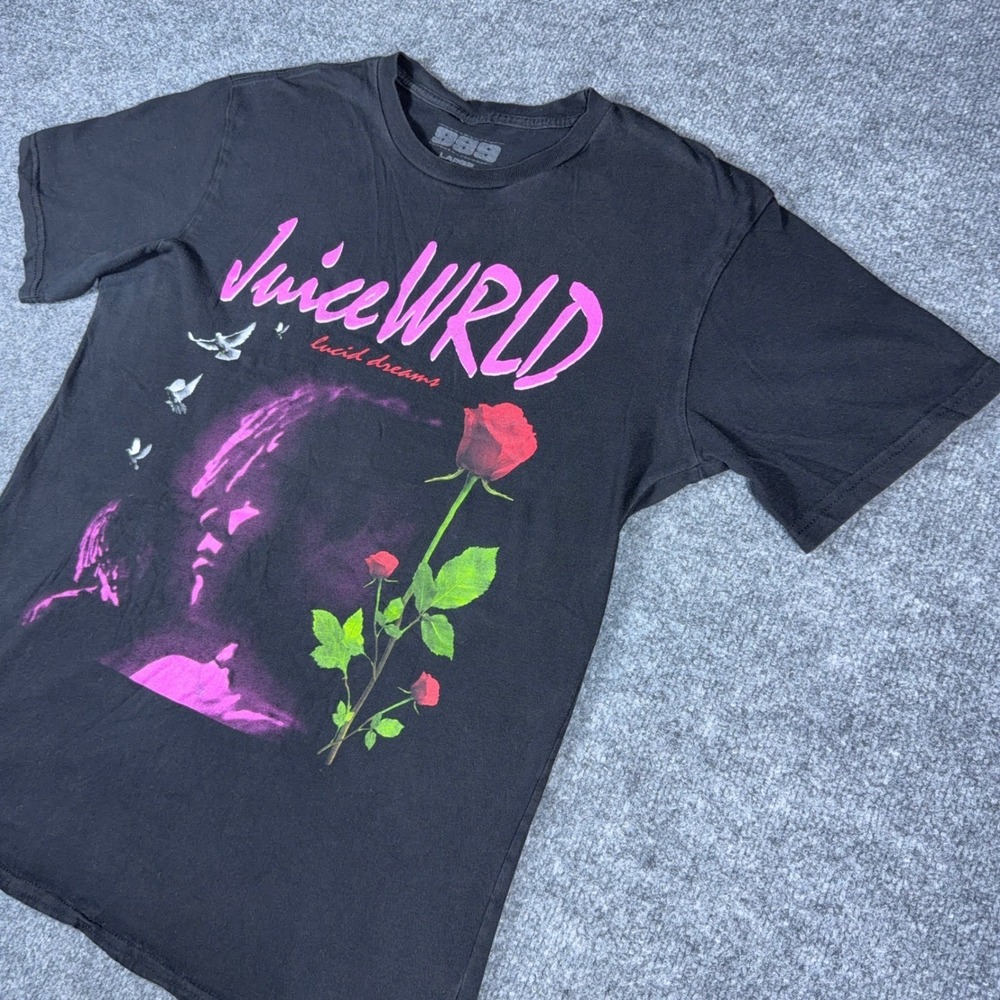 Juice WRLD 999 Club Lucid Dreams Graphic T-Shirt Mens Large Black Rose Doves‎